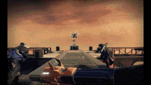 a screenshot of a video game shows a helicopter flying over a bridge