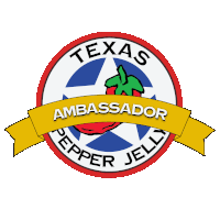 a texas ambassador pepper jelly logo with a yellow ribbon around it