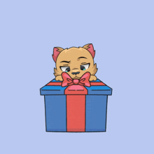 a cartoon cat peeking out of a gift box with a pink bow