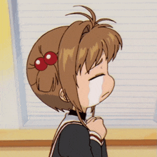a cartoon girl with a cherry on her head is crying