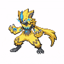 it is a pixel art of a pokemon that looks like a wolf with a blue tail .