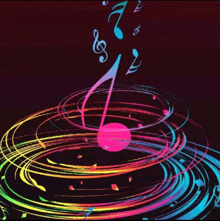 a pink music note is surrounded by rainbow colored swirls