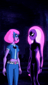 two cartoon characters standing next to each other with one having pink hair