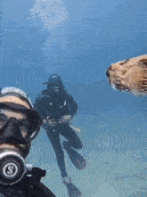 a man wearing a scubapro diving mask takes a picture with a fish