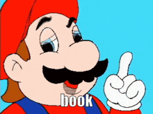 a cartoon character with a mustache is pointing up with the word book written below him