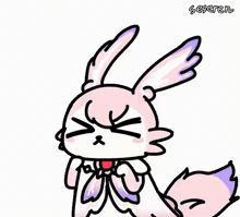 a cartoon drawing of a pink bunny with purple wings and a red bow
