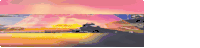 a painting of a sunset with a train in the foreground and a pink sky in the background