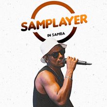 a man is singing into a microphone with the words samplayer in samba above him