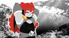 a black and white drawing of a woman with red hair and a belt with the letter p on it