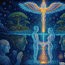 a colorful painting of a man and a woman holding hands with pixiz written on the bottom