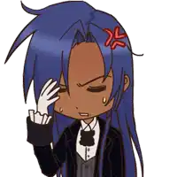 a cartoon drawing of a person with blue hair