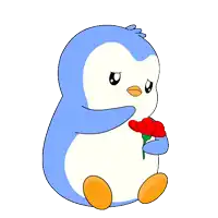 a cartoon penguin is holding a red rose