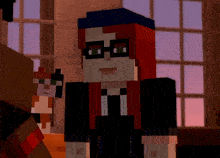 a minecraft character with red hair wearing glasses and a hat