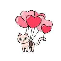 a cartoon cat is flying through the air holding a bunch of heart shaped balloons .