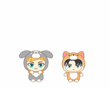 two cartoon characters are dressed in animal costumes