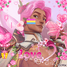 a picture of a man with pink hair and the word love