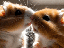 two hamsters are kissing each other and looking at the camera