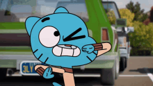 gumball from the amazing world of gumball stands in front of a green car with a license plate that says 3ly