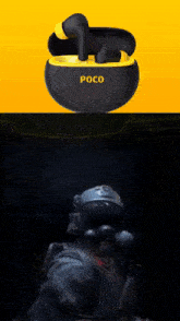 a picture of a poco ear bud and a picture of a soldier