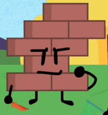 a cartoon brick with a face and legs