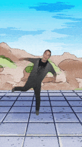 a man is standing on one leg in front of a cartoon landscape
