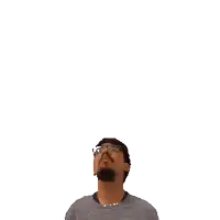 a man with a beard and glasses is looking up at the number 21