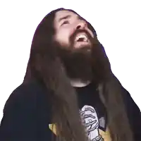 a man with long hair and a beard is wearing a black shirt with hands on it