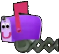 a purple mailbox with a red handle and a smiling face is being pulled by a worm .