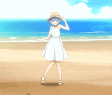 a girl in a white dress is standing on a beach holding a straw hat