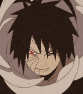 a close up of a cartoon character 's face with red eyes surrounded by a circle .