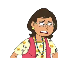 a cartoon woman with glasses and a necklace is covering her mouth with her hands
