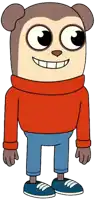 a cartoon monkey wearing a red sweater and blue jeans