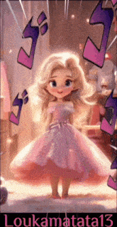 a little girl in a pink dress with the name loukamatata13 on the bottom right