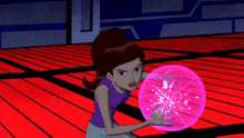 a girl in a cartoon is holding a pink sphere in her hands .