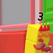 a yellow cartoon character with a crown on his head and the number three on his head .