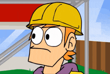 a cartoon of a man wearing a hard hat and a purple shirt