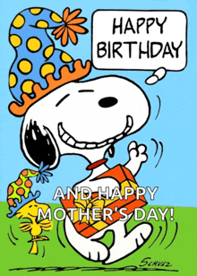 a cartoon of snoopy wearing a party hat and holding a gift box says happy birthday and happy mother 's day