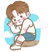 a cartoon drawing of a boy sitting on a rock giving an ok sign