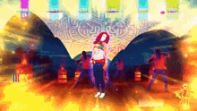 a video game screen shows a woman dancing in front of a group of people and says happy on the bottom