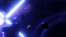 a dark room with purple lights and a sign that says ' a ' on it