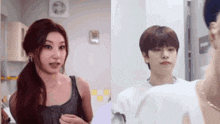 a woman and a boy are standing next to each other in a room .