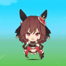 a cartoon girl is standing in a field with confetti falling around her and a blue sky in the background .