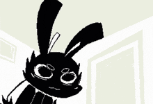 a black and white drawing of a rabbit with a sign in the background that says ' we ' on it