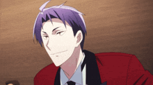 a man with purple hair is wearing a red suit