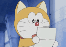 a cartoon cat is holding a piece of paper in its paws