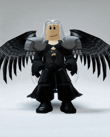 a cartoon character with long white hair and black wings has a smile on his face