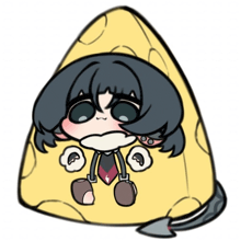 a cartoon drawing of a person sitting on a piece of cheese