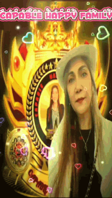 a woman stands in front of a trophy with the words capable happy family on it