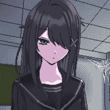 a pixel art of a girl with purple hair
