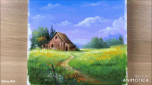 a painting of a barn in the middle of a field is made by wow art